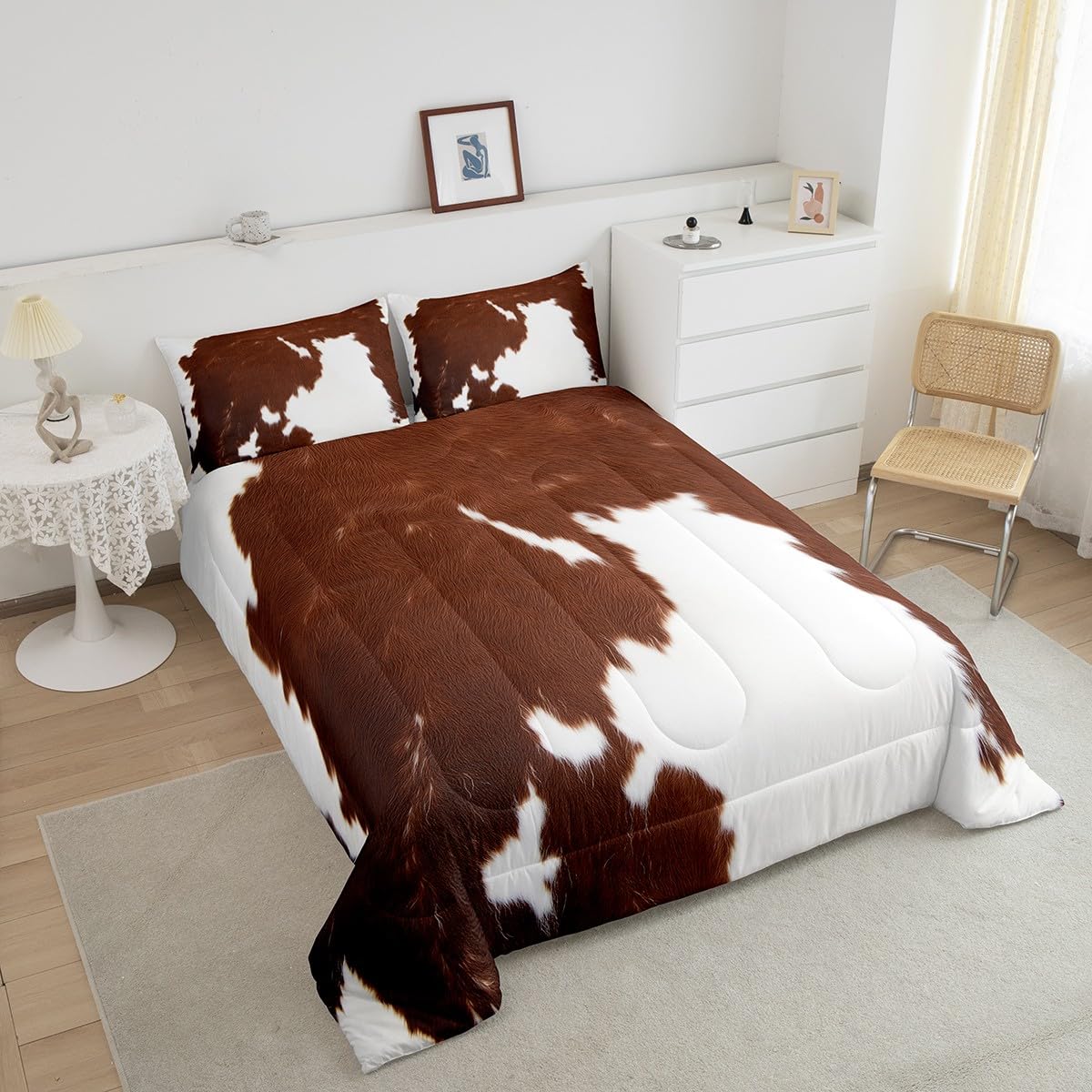 Cow Print Comforter Set Queen Size,Cowhide Print Bedding Set Teens Adults,Farmhouse Animal Hair Down Comforter,Rustic Western Bedding For Kids Boys Girls Teens Adult Bedroom Decor, Brown White
