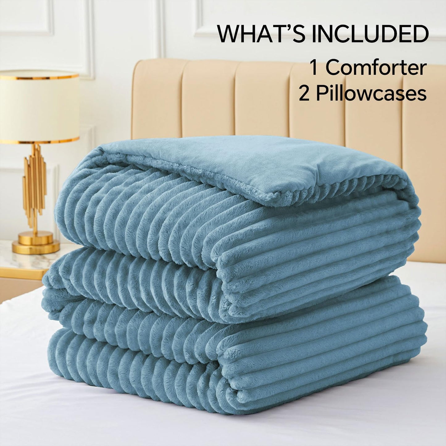 BEDELITE Fleece Queen Comforter Set -Super Soft & Warm Fluffy Blue Fog Bedding, Luxury Fuzzy Heavy Bed Set for All Season with 2 Pillow Cases