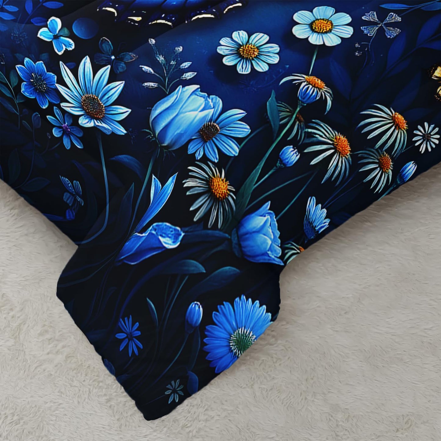 XYNHML Blue Butterfly Themed Comforter 3Pcs Twin Romantic Flower Butterflies Bedding Set for Kid Teen Girl Boy Adult Aesthetics Moonlight Floral Quilt Bed Decor with 1 Comforter and 2 Pillowcases