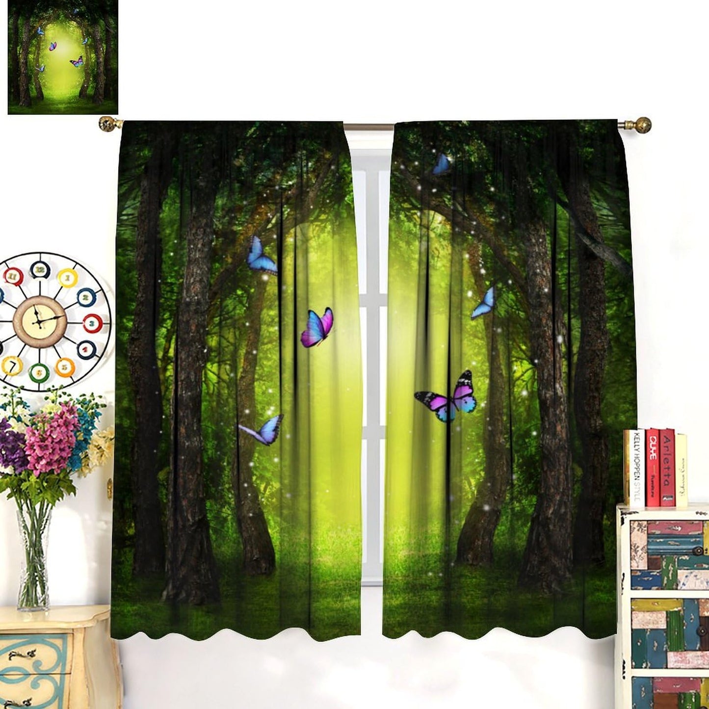 DDCBNS Fantasy Nature Curtains,Fairytale Woodland Magical Forest Décor Curtains for Bedroom Living Room Green Landscape Butterfly Print Drapes 2 Panels Set,Total Size 42 x 45 Inch
