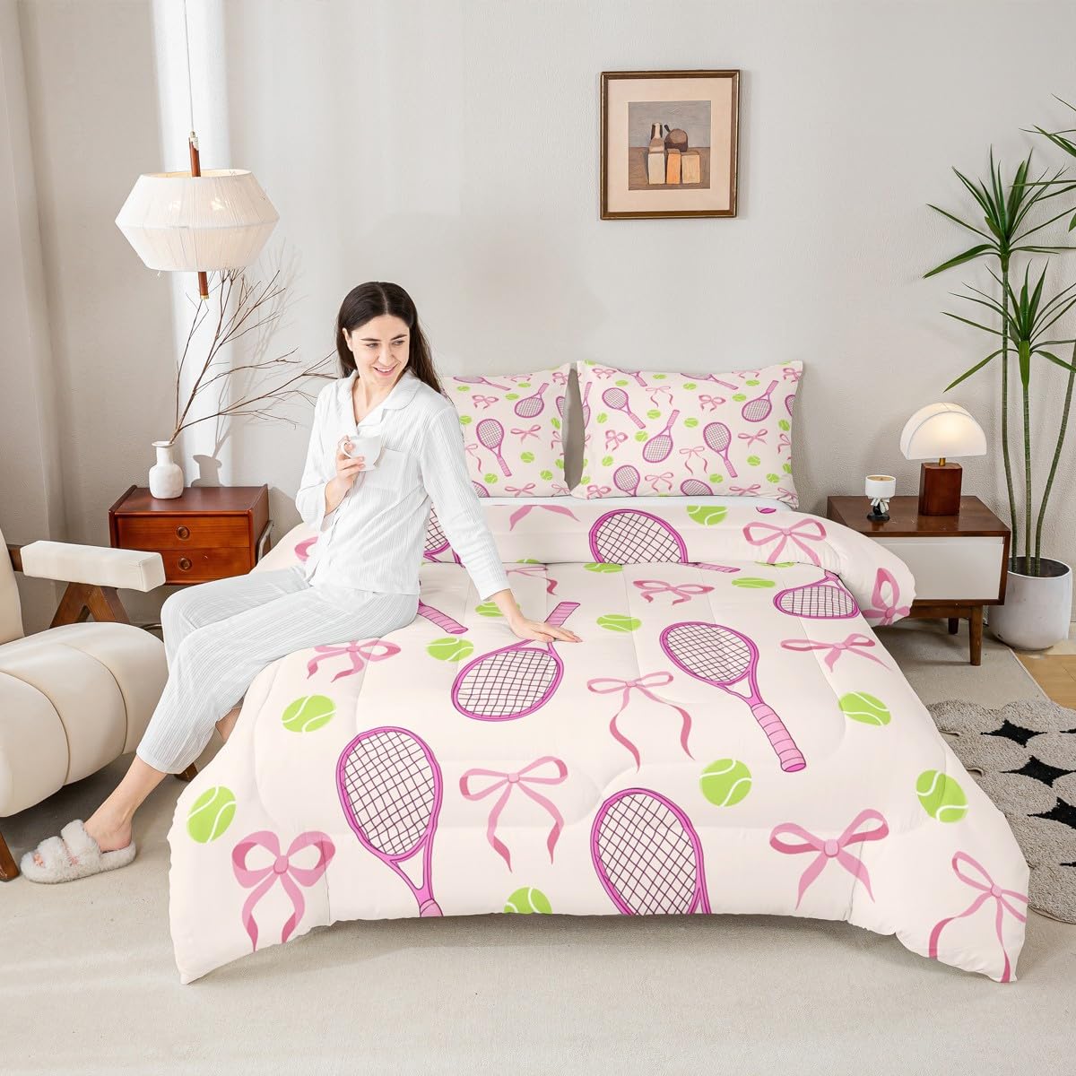 Tennis Kids Full Comforter Sets,Girls Sport Cute Bowknot Reversible Bedding Set for Boys Teens,Outdoor Sport Ball Game Quilt Set 3 PCS,Pink Yellow Cute Princess Duvet Insert,2 Pillow Cases