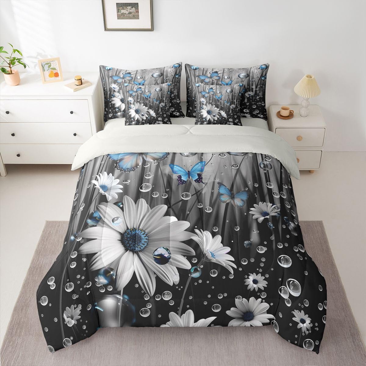 Erosebridal Butterfly 7 Piece Bedding Set Queen Daisy Comforter Set with Sheets Water Droplets Flower Stem Farmhouse Bed in a Bag Fog 3D Floral Blue Butterflies for Kids Boys Girls