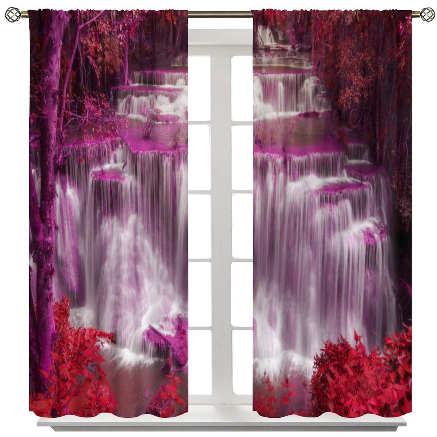 Waterfall Curtains，Spring Nature Theme Pink Red Floral Forest Landscape Scenery Pattern Waterproof Fabric Rod Pocket Window Drapes for Bedroom Living Room Set 2 Panels,42x45 Inches
