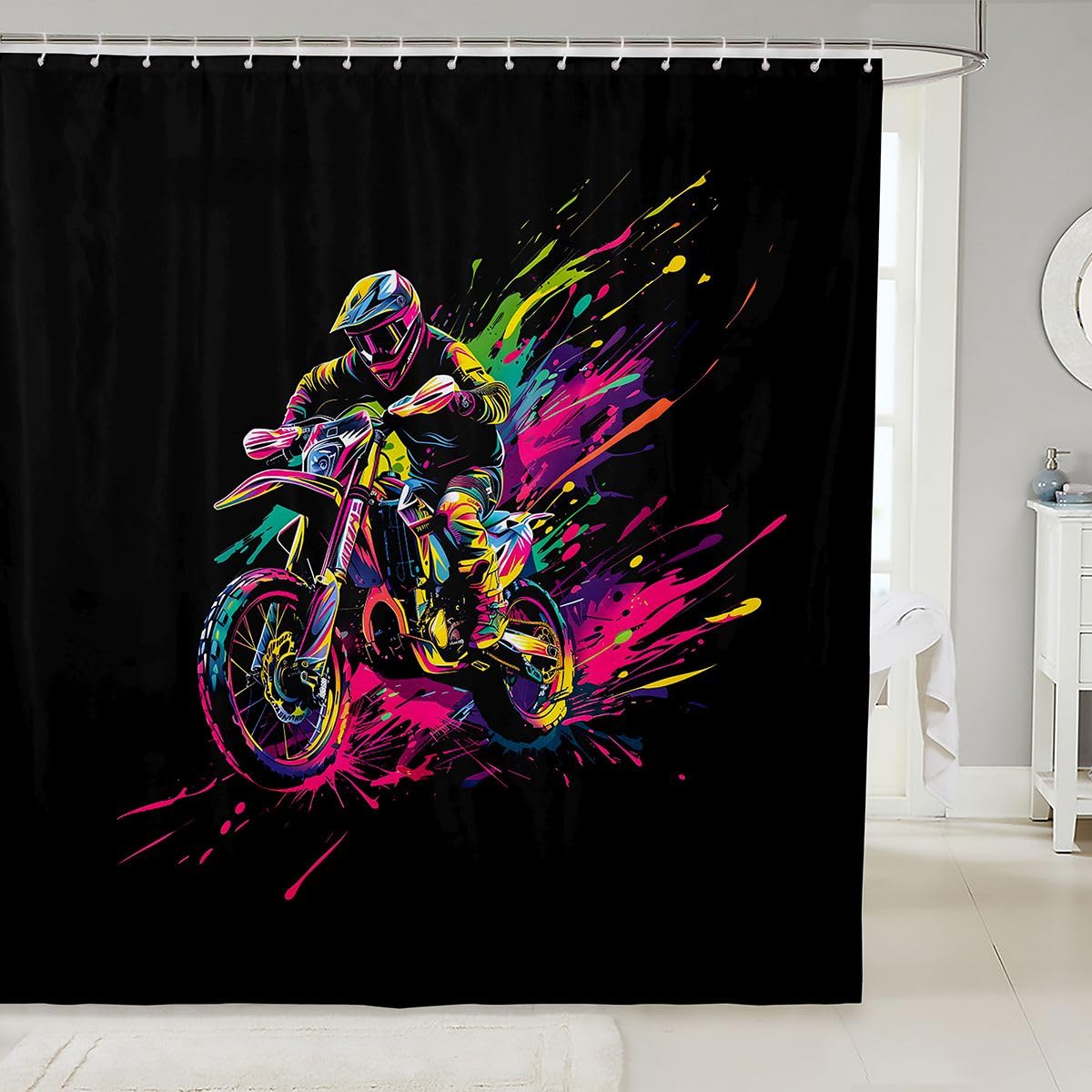 Feelyou Dirt Bike Shower Curtain for Bathroom Decor Racing Motocross Rider Bath Curtain for Stalls Bathtubs Motorcycle Bathroom Accessories Waterproof Polyester Fabric with 12 Hooks 72"x78"