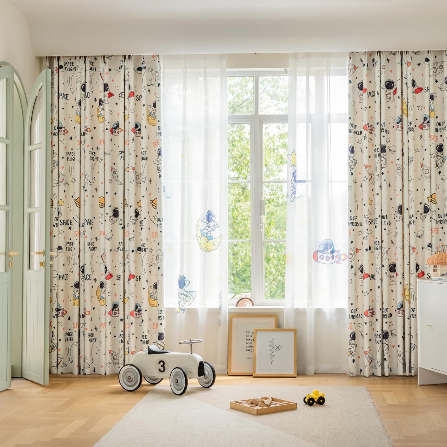 KMSG Cartoon Astronaut Theme Semi Blackout Curtains for Bedroom Living Room