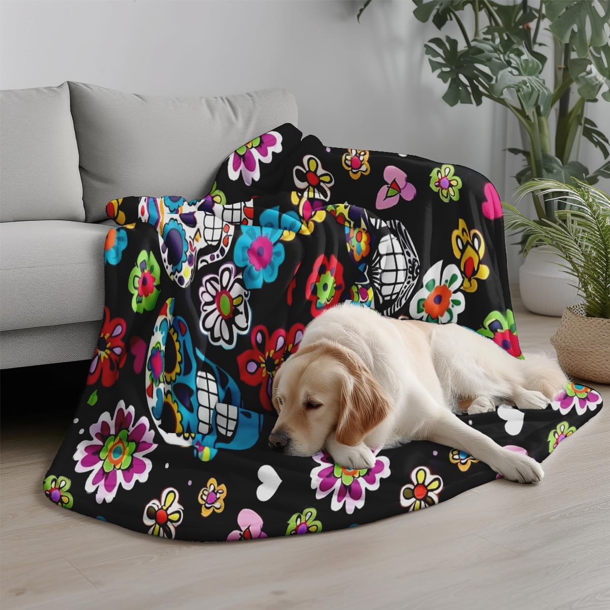EENSYWEENSY Sugar Skull Throw Blanket, Mexico Colorful Flowers, Halloween Blankets Fuzzy Gifts for Sofa Couch Bedroom (40“ x 30”)