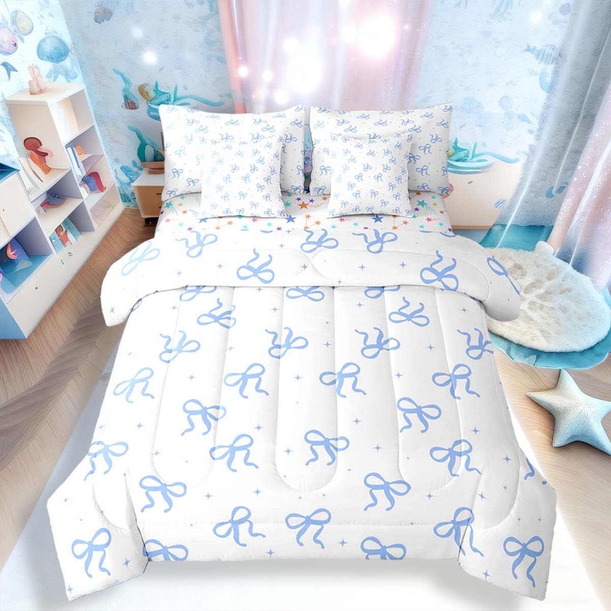 Erosebridal Blue Bow Comforter Set Twin Size (7 Pieces) | Teen Girl Cute Bow Bedding Set with Sheets Girly Trendy Bows Bed in A Bag with Flat and Fitted Sheets Preppy Modern Coquette Quilt Sets