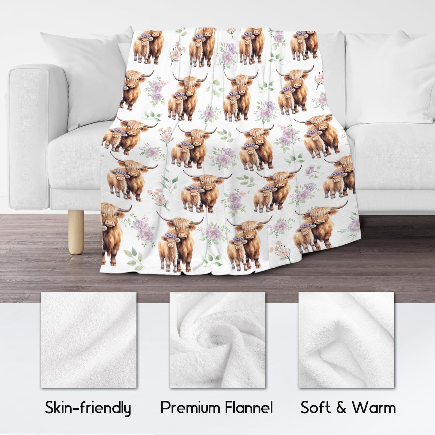 Highland Cow Blanket for Kids, Cozy Soft Throw Gifts, Cute White Flannel Throw Blankets for Couch Office, 30x40 Inches