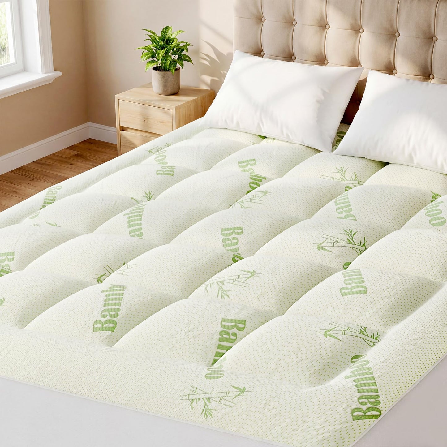 Sweetcrispy Ultra Soft Mattress Topper Queen Size - Viscose Made from Bamboo Pillow Top Mattress Pad for Breathable Cooling & Back Pain Relief, Deep Pocket Comfort Bed Topper, Green