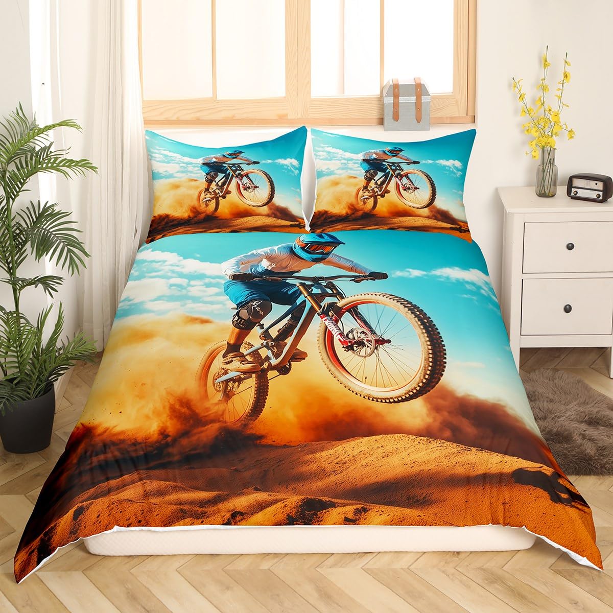 Feelyou Boys Bicycle Rider Bedding Set for Kids Son Men Mountain Bike Pattern Comforter Cover Extreme Sport Theme Duvet Cover Room Decor Cool Style Bedspread Cover Queen Size Bedding Collection 3Pcs