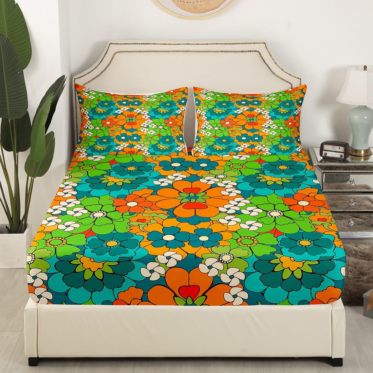 Castle Fairy Abstract Flowers Fitted Sheet Set Full Size 4Pcs,Retro Fresh Style Floral Bedding Set(1 Fitted,1 Flat,2 Pillows),Cartoon Art Deep Pocket Bed Sheets for Girls Teens Room