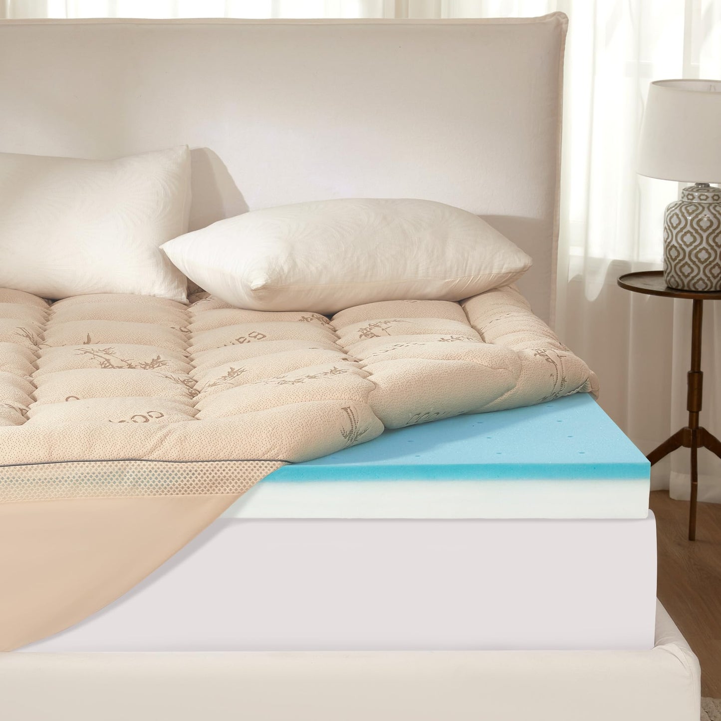 BEDLORE 4 Inch Memory Foam Mattress Topper King,2-in-1 Dual Layer Design (2" Gel Memory Foam + 2" Plush Pillow Top Cover) Mattress Topper Medium-Firm,Pressure Relief & Back Pain Support(Beige)