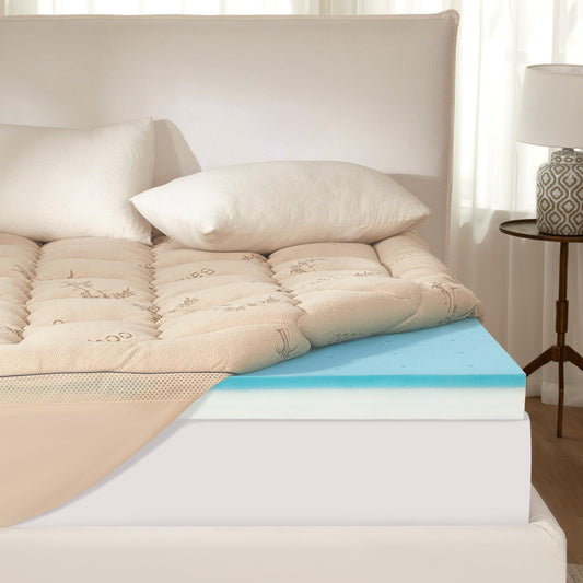 BEDLORE 4 Inch Memory Foam Mattress Topper King,2-in-1 Dual Layer Design (2" Gel Memory Foam + 2" Plush Pillow Top Cover) Mattress Topper Medium-Firm,Pressure Relief & Back Pain Support(Beige)