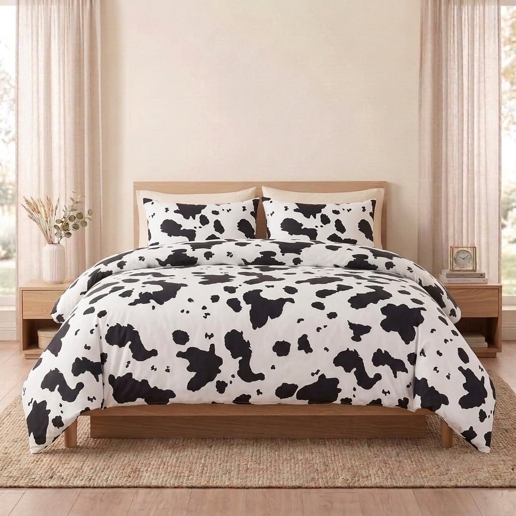 Cozaline 100% Cotton Duvet Cover King Size, Black and White Cow Print Bedding Set with Zipper Closure, Farmhouse Soft Breathable Comforter Cover with 2 Pillowcases for All Seasons