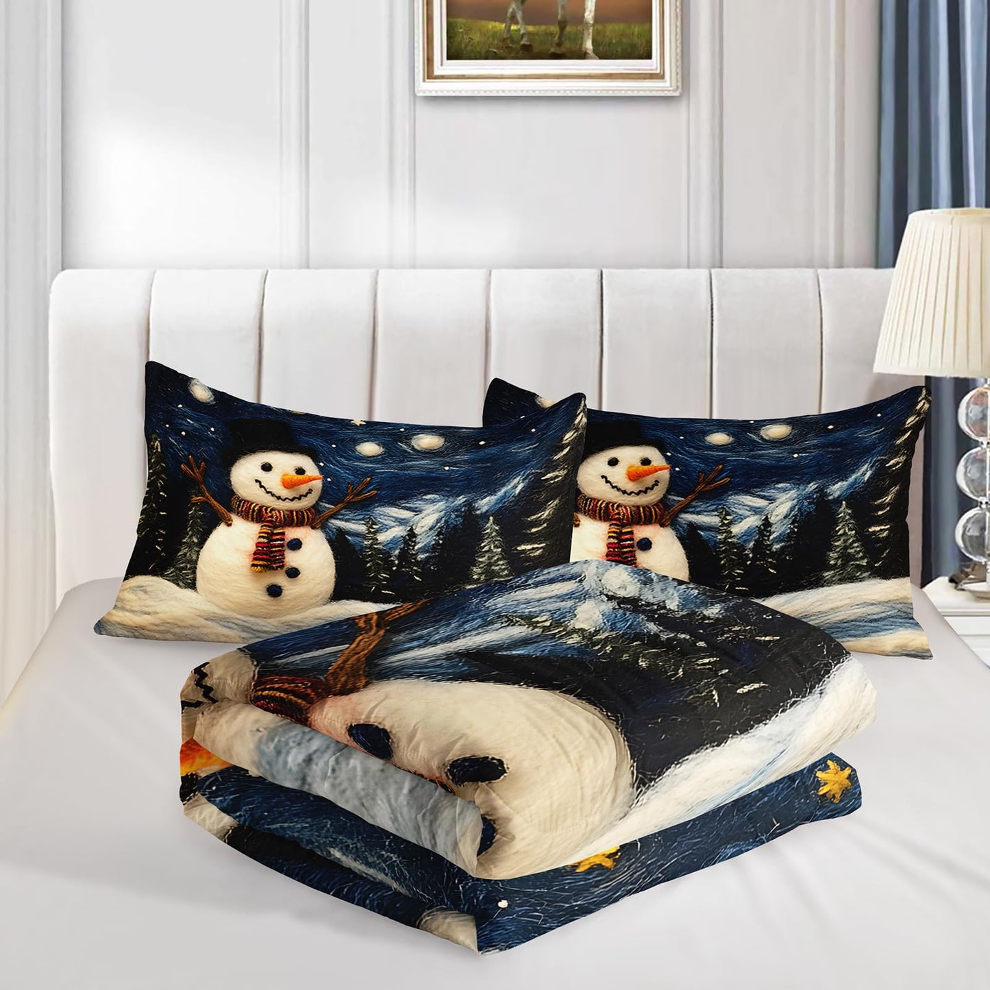XYNHML Cartoon White Snowman Theme Comforter 3Pcs Twin Starry Sky Night Cedar Snowfield Bedding Set for Kid Teen Girl Boy Teen Adult Moon Star Snowflake Quilt Bed Decor with 1 Comforter+2 Pillowcases