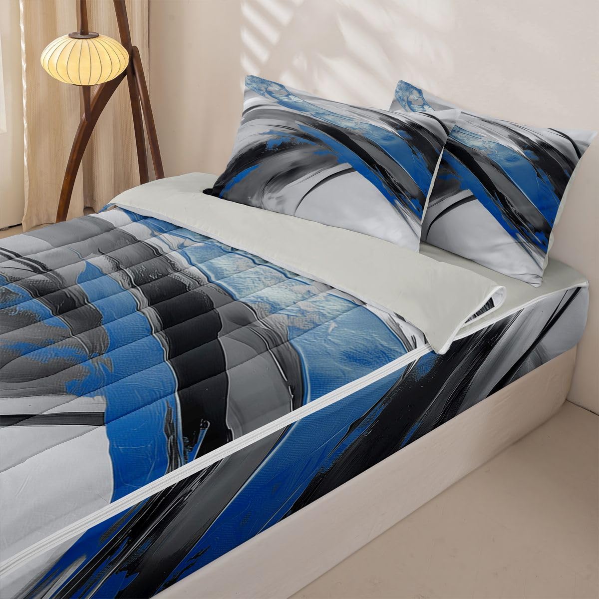 jejeloiu Blue Black Grey Abstract Zipper Bedding Twin Modern Art Bedding Sets for Kids Boys Girls Abstract Art Comforter Set with Fitted Sheet 2 Pillowcases Luxury One Zipper Bed Set for All Seasons