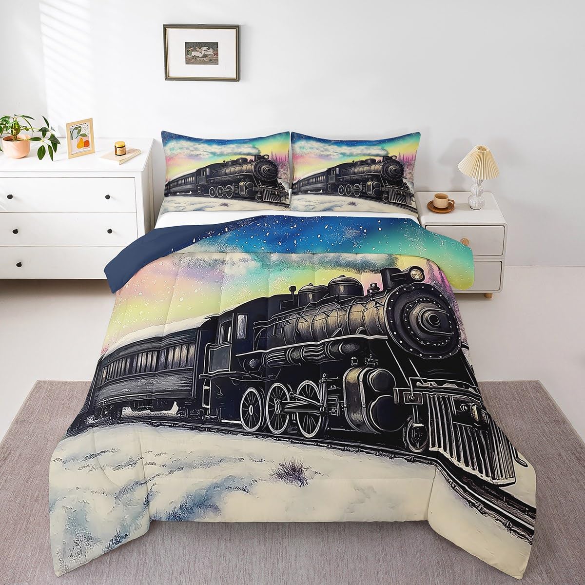 Erosebridal Aurora Train Twin Bedding Set,Railroad Steam Train Comforter Set for Kids Boys Girls,Transportation Vehicle Bed Comforter Sets Winter Snow Scene Quilt Bed Set 2Pcs Room Decor