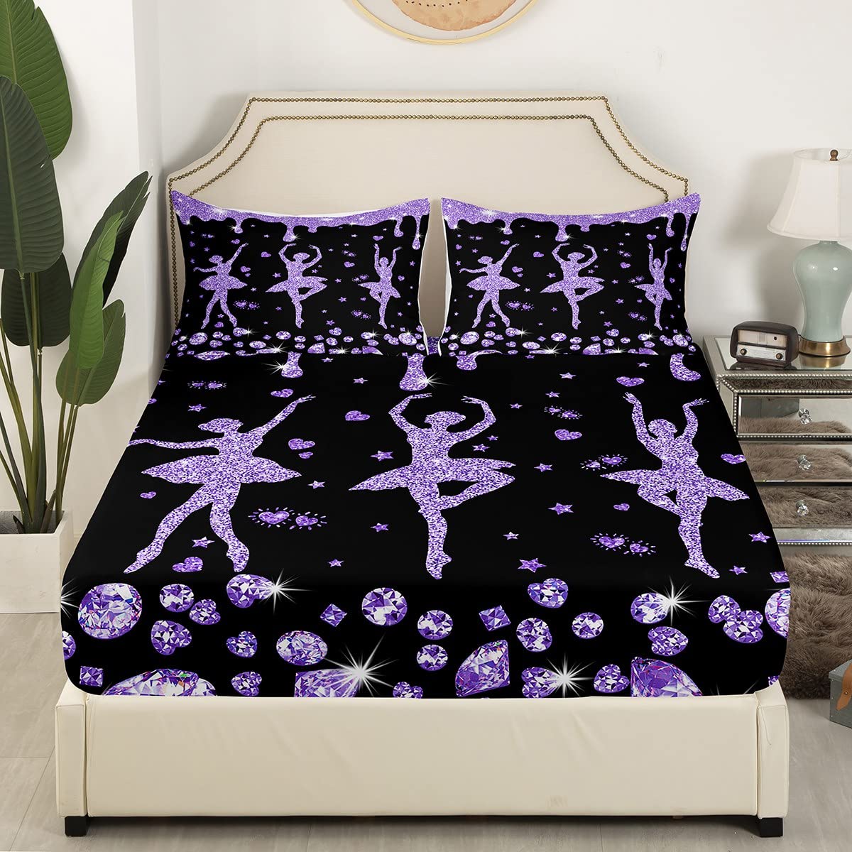 Erosebridal Purple Black Ballet Girls Fitted Sheet Full Ballet Dancer Bedding Set Glitter Sequins Diamond Bed Sheets Gifts for Ballerina,Love Hearts Stars Sheets 2 Pillow Cases Room Decor