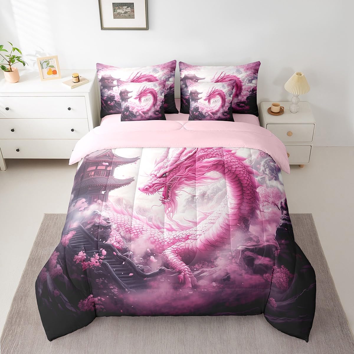 7 Pieces Pink Dragon Comforter Set Queen,Japanese Style Building Bed Set for Kids Boys Girls,Cherry Blossom Bedding(1 Comforter,1 Fitted Sheet,1 Flat Sheet,2 Pillowcases,2 Throw Pillow Cover)