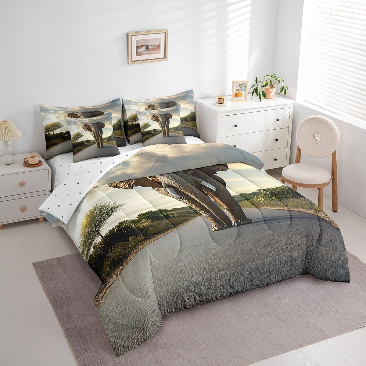 jejeloiu Elephant Comforter Set 7 Pieces Full Size Kids Boho Exotic Style Bed in a Bag for Boys Girls Ethnic Bedding Set Wildlife,Comforter + Sheets + Pillowcases + Cushion Covers