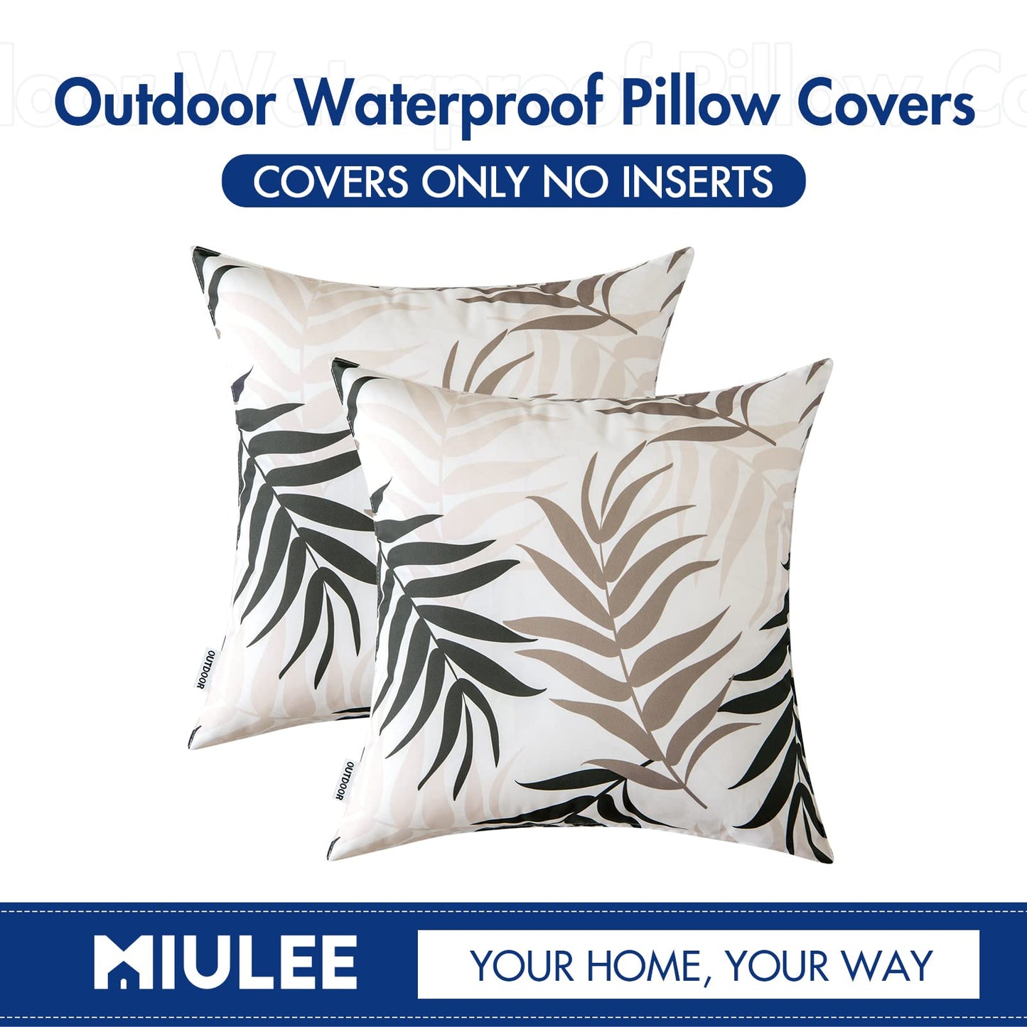 MIULEE Pack of 2 Decorative Outdoor Waterproof Throw Pillow Covers Patio Pillow Cases Natural Leaves Pattern Spring Square Cushion Shams Shell for Garden Balcony Couch 18x18 Inch, Coffee Brown