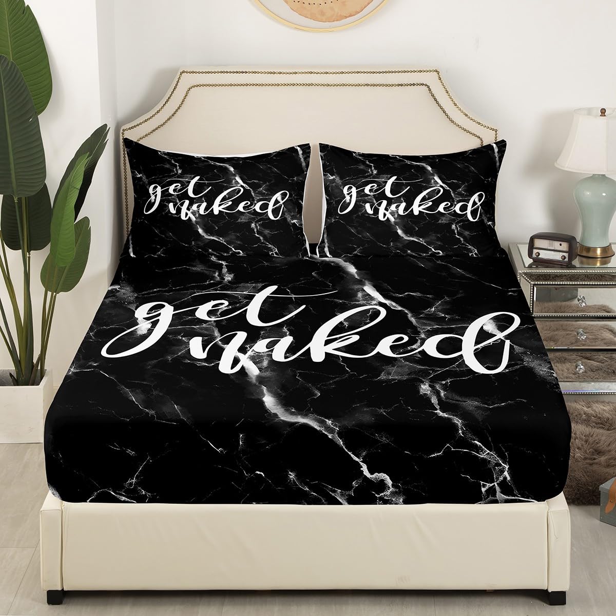 Black White Marble Bed Sheet Set for Kids Boys Girls Women Men Get Naked Fitted Sheet Full Size Funny Quote Bedding Set Room Decor Simple Modern Abstract Bedding Sheets 3Pcs Bedroom Collection