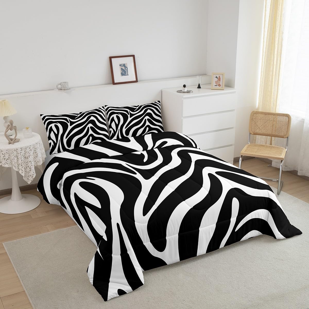 Zebra Stripe Comforter Set Queen Size,Wild Animal Skin Fur Printed Bedding Set for Kids Boys Girls Room Decor,Black White Geometric Striped Duvet Insert 3Pcs,Soft Microfiber Quilt Set,2 Pillowcases