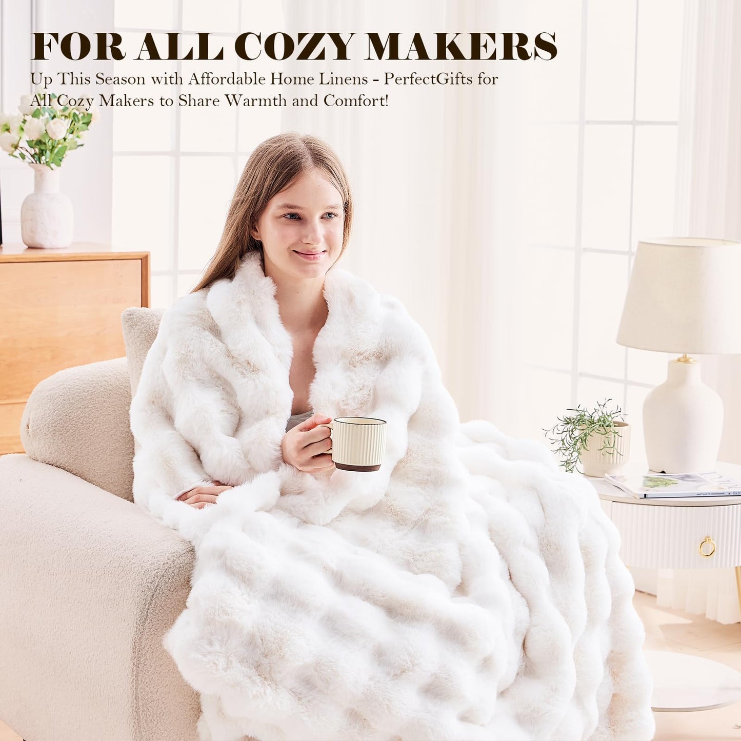 Faux Fur Throw Blanket for Couch, 1000 GSM Cozy Fuzzy Fluffy Soft Plush Thick Bubble Sherpa Blanket for Sofa Bedroom Living Room, Mothers Day Birthday Gifts for Women Home Decor