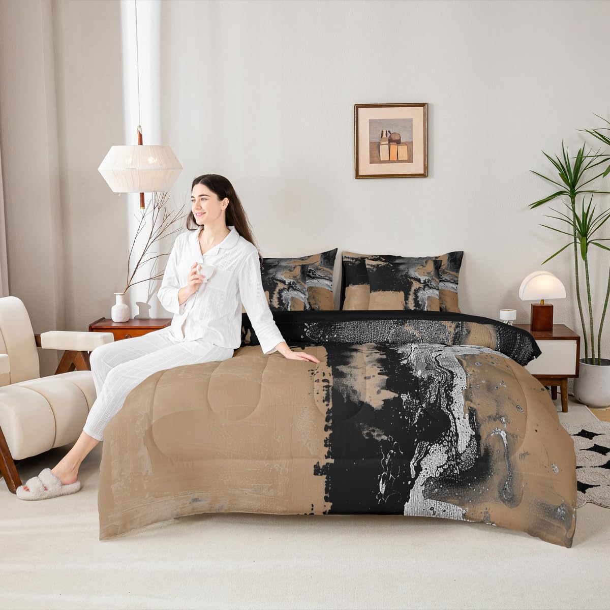 Feelyou Abstract King Comforter Set with Sheets for Kids Boys Girls Modern Abstract Art 7 Pieces Bedding Set Luxury Bed in a Bag Geometric Room Decor Brown and Balck Soft Lightweight Microfiber