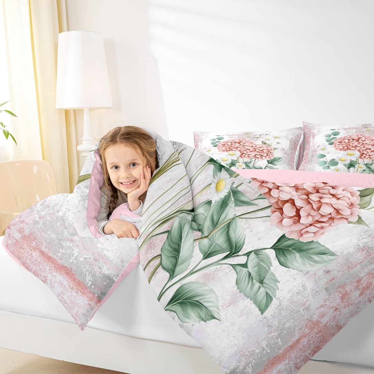 Erosebridal Watercolor Flowers Queen Comforter Set Abstract Oil Painting Hydrangea Bedding Set Rustic Farmhouse Bed Set Ombre Orange White Quilt Set