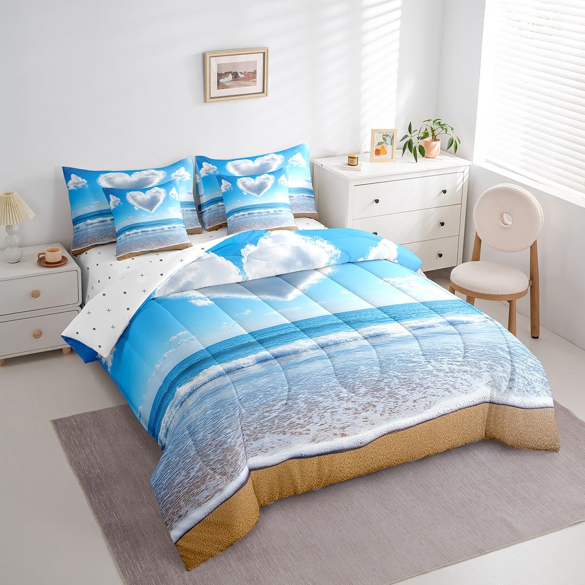 jejeloiu Beach Comforter Set 7 Pieces Full Size Kids Ocean Print Coastal Bed in a Bag for Boys Girls Love Pattern Bedding Set Natural Landscape,Comforter + Sheets + Pillowcases + Cushion Covers