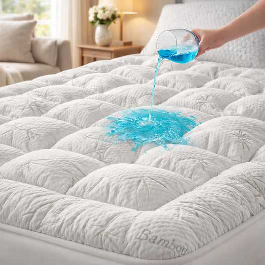Waterproof Mattress Topper Queen - Extra Thick Breathable Bamboo Mattress Pad for Back Pain Relief, Up to 21 Inch Deep Pocket, Soft Cooling Cover for Hot Sleepers & Pets, Washable