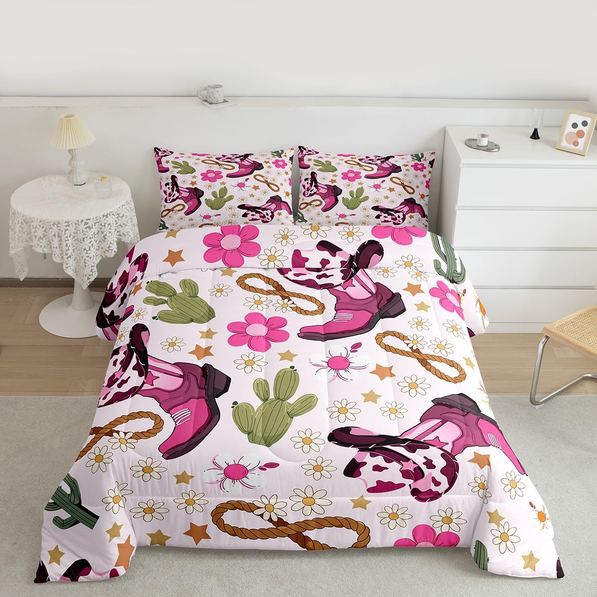 Feelyou Western Kids Comforter Set Full Size Cowgirl Floral Bedding Set Western Cowboy Boots Duvet Quilt for Kids Boys Girls Bedroom Wild West Cactus Flower Decor Light Pink Ultra Soft Breathable