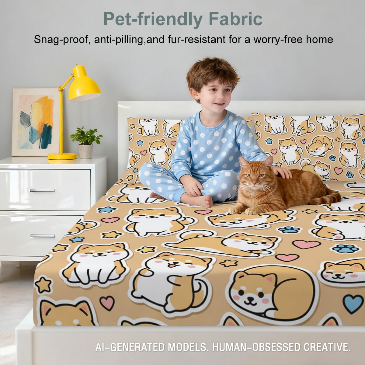 ARIGHTEX Cute Shiba Inu Fitted Sheet Set Twin Size, 3 Pieces Kawaii Dog Bedding for Pet Lover Gift, Cartoon Shiba Puppy Microfiber Deep Pocket Bed Sheets with 2 Pillowcases (No Flat Sheet)