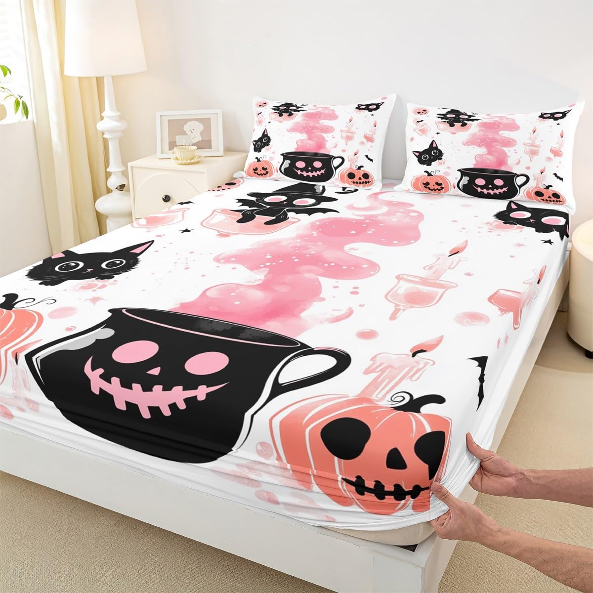 Feelyou Kids Halloween Bed Sheet Set Full Size, Pumpkin Fitted Sheet Boys Girls Cute Ghost Bedding Set Black Cat Teens Bedroom Decor with 2 Pillow Case (No Flat Sheet)