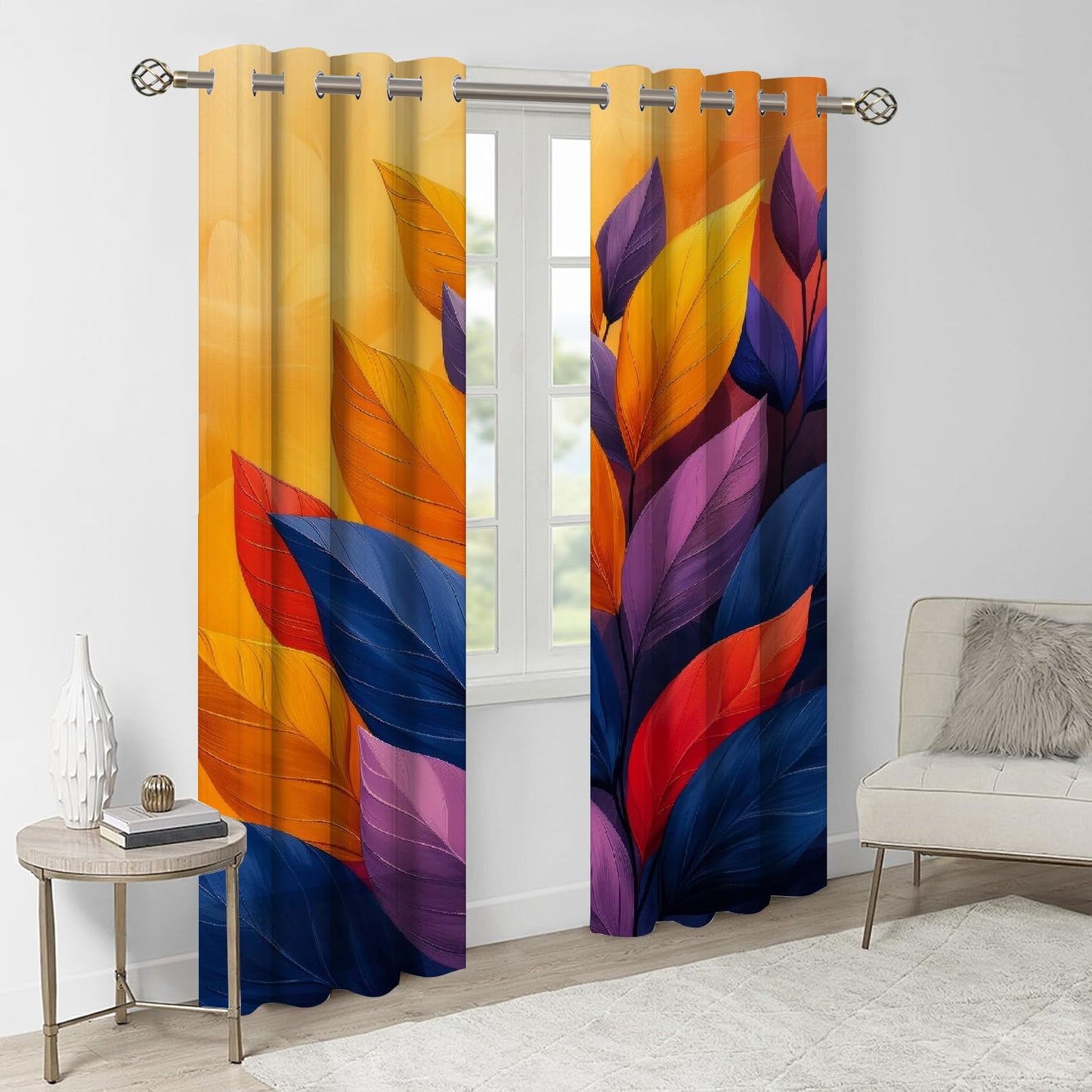 Colorful Plant Leaves Blackout Curtains 2 Panels, Yellow Brown Background 3D Printed Drapes with Grommet Darkening Thermal Insulated Window Draperies for Living Room Bedroom(104" W x 63 "L)
