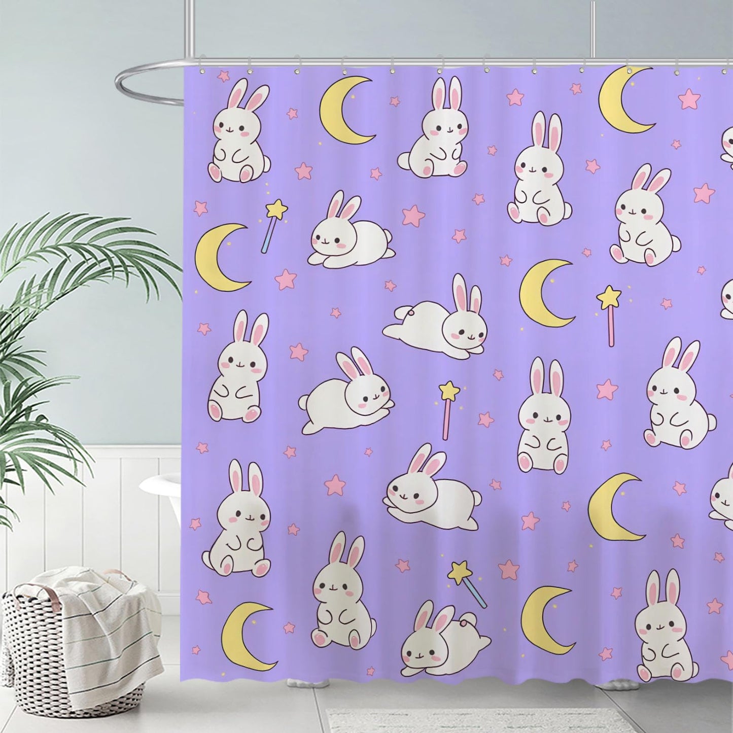 Funnytree Cute Anime Moon and Bunny Shower Curtain 72"x72" - Waterproof Fabric Bathroom Decor for Girls Teens Women Fans Daughter, Easy Care Washable (Hooks Not Included)