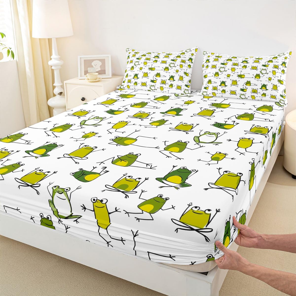 Erosebridal Green Frog Bed Sheets Funny Frog Sheet Set Full Size,Cartoon Wild Animals Fitted Sheet for Kids Child Toddler Boys,Cute Reptile Flat Sheet Lovely Wildlife Bedroom Decor