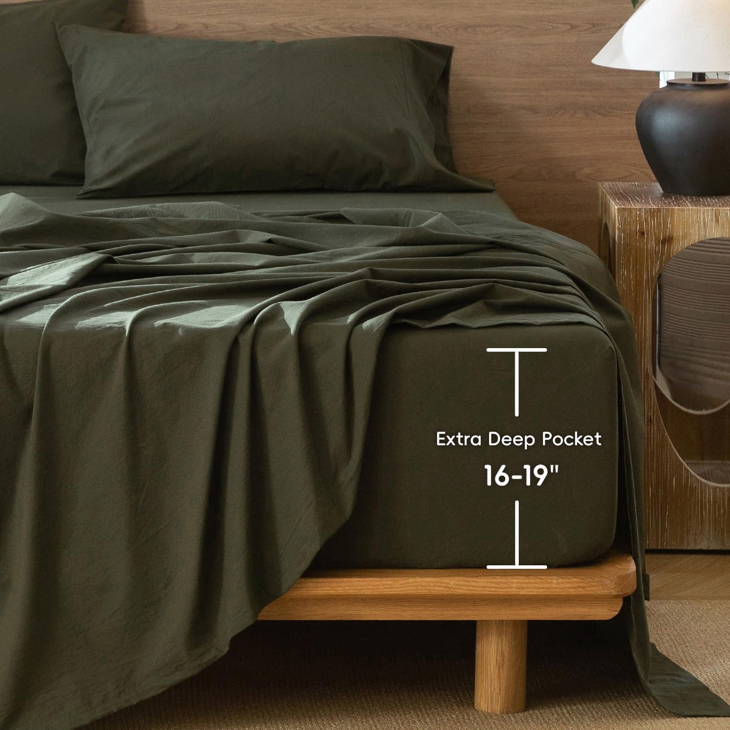 MooMee Fitted Bottom Sheet Only 100% Washed Cotton Linen Like Textured Breathable Durable Soft Comfy Deep Pocket Fits Mattress up to 17" (Olive Green, Queen)
