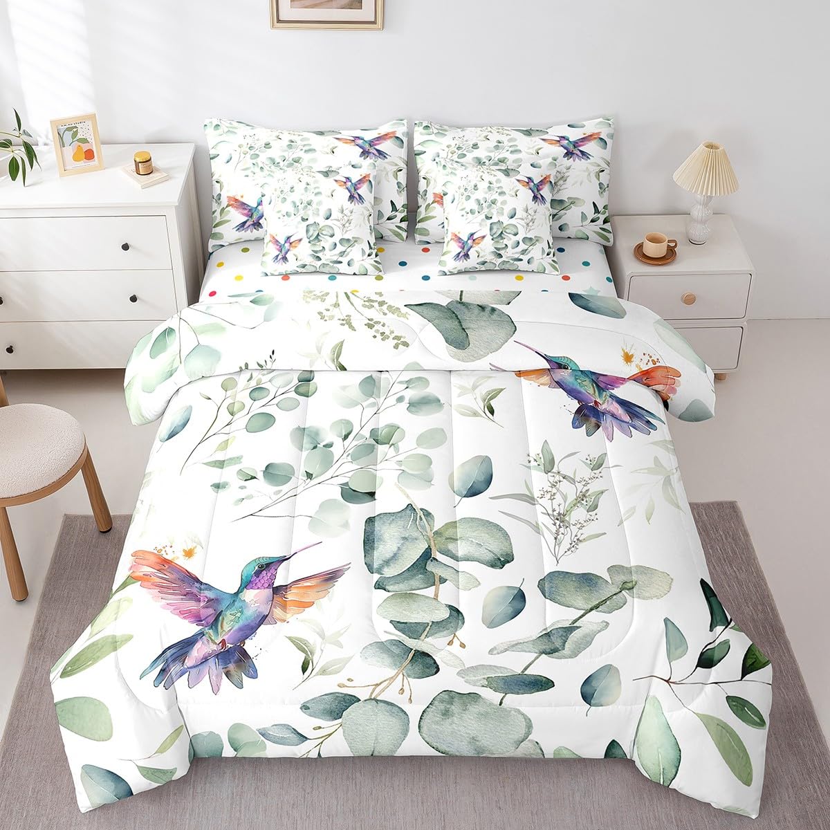 Erosebridal Cartoon Hummingbird Bedding Comforter Sets 7pcs Wildlife Bird Bed in a Bag, Spring Plant King Bedding Sets Eucalyptus Leaf Comforter Set, Jungle Animal Theme Bedding Sets Kids Room Decor