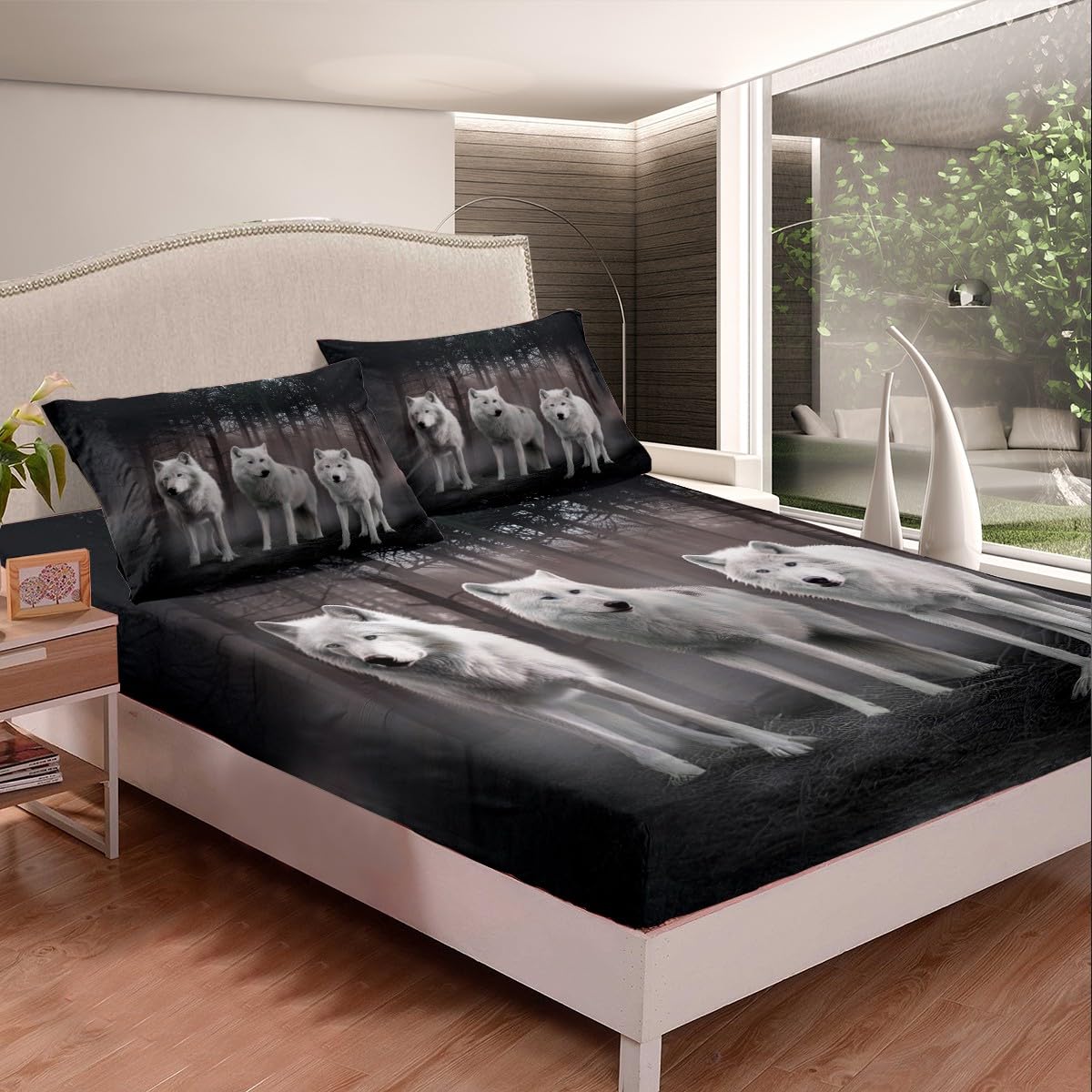 Feelyou Wolf Bed Sheets Safari Animal Pattern Sheet Set for Kids Boys Girls White Wolf Family Bed Set Cool Wildlife Style Decor Sheets with 1 Pillowcase 3Pcs Bedding Twin