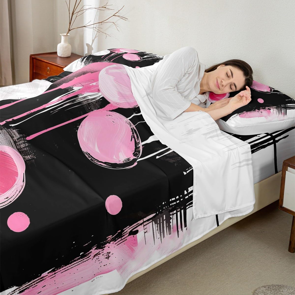 jejeloiu Retro Circle Bed Sheets Set Twin Size Black and Pink Abstract Bed Set Deep Pocket Fitted Sheet Breathable Soft Lightweight Microfiber