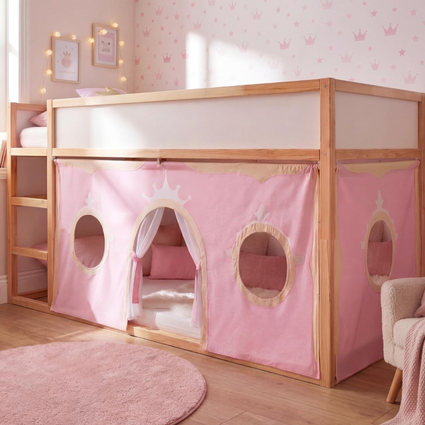Hahafelt Low Bunk Bed Curtain Set - 2 Panel 59" 38" Underbed Peachskin Playhouse Loft Bed Privacy Play Curtains for Kids Bedroom Decoration Gift(Princess,Pink)