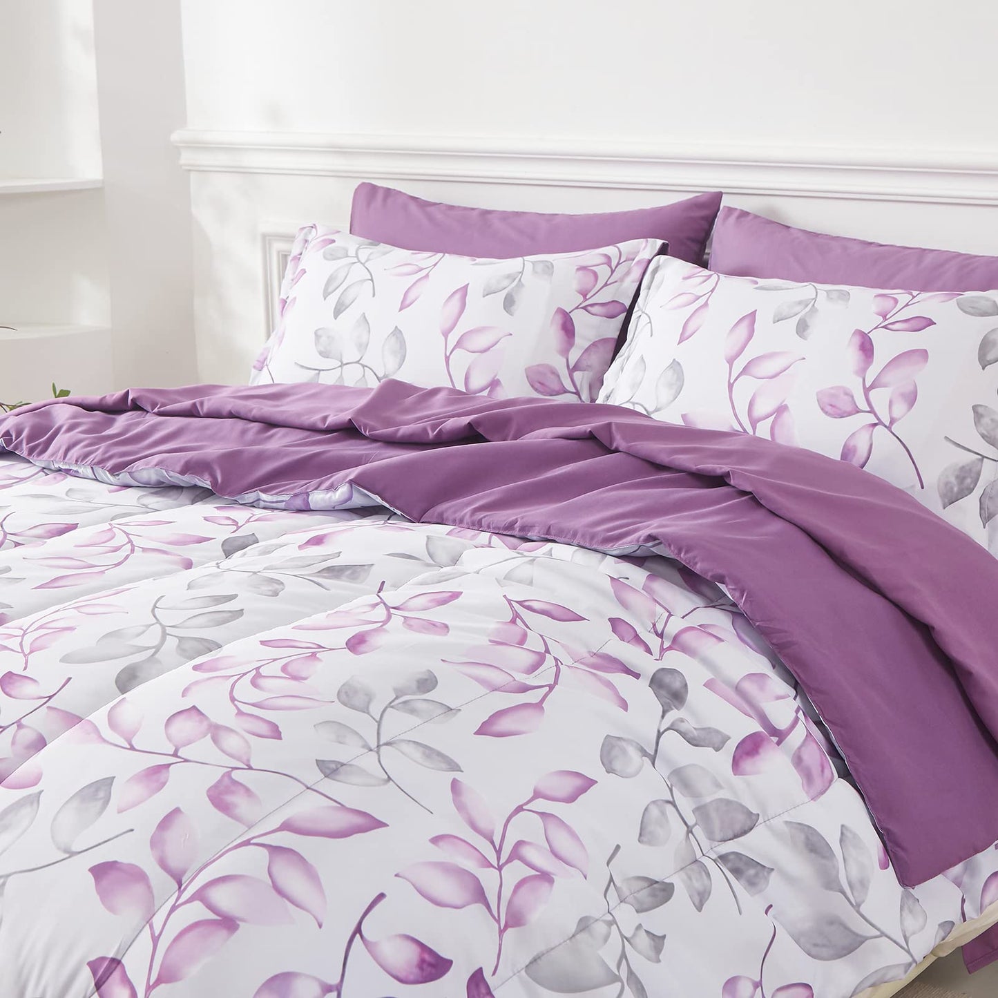 Yogeneg Botanical Comforter Set Queen Size 7 PCS Bed in a Bag,Purple Grey Leaves Printed on White Reversible Design,Soft Microfiber Bedding Complete Set for All Season(Purple,Queen)