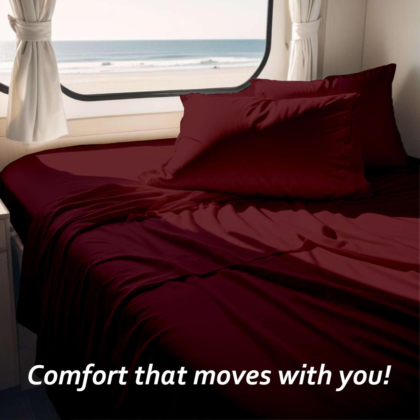 Rajlinen Short Queen RV Camper Sheet Set (60x75) – 100% Egyptian Cotton, Soft & Cooling, 16” Deep Pocket Fitted Sheet, Luxury Hotel Quality Bedding for RVs, Campers & Motorhomes (Burgundy Solid)