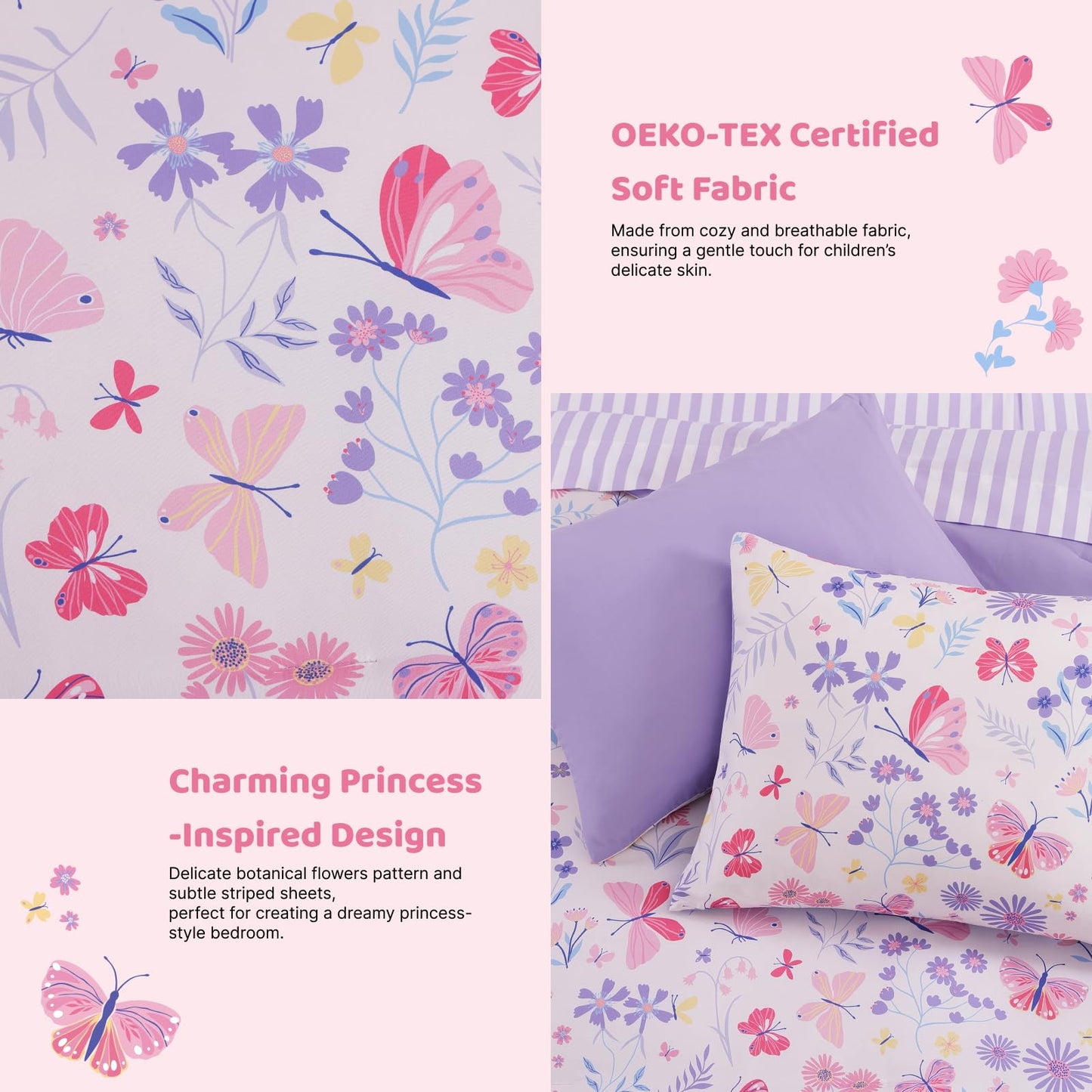 Wink Deer Twin Comforter Set with Sheets for Girls-5 Pieces Twin Bedding Sets with Pink Comforter, Sheets, Pillowcase & Sham for Kids (Cute Botanical Flowers, 66" X 86")