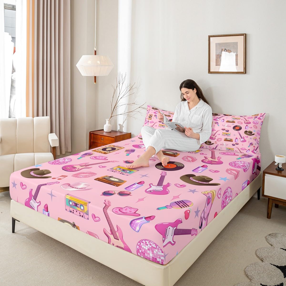 jejeloiu Girls Music Bed Sheets Pink Guitar Cat Western Cowgirl Bedding Set Full Size Fashion Women Singer Bed Cover Pink Room Decor Lightweight Deep Pocket Fitted Sheet (No Top Sheet)