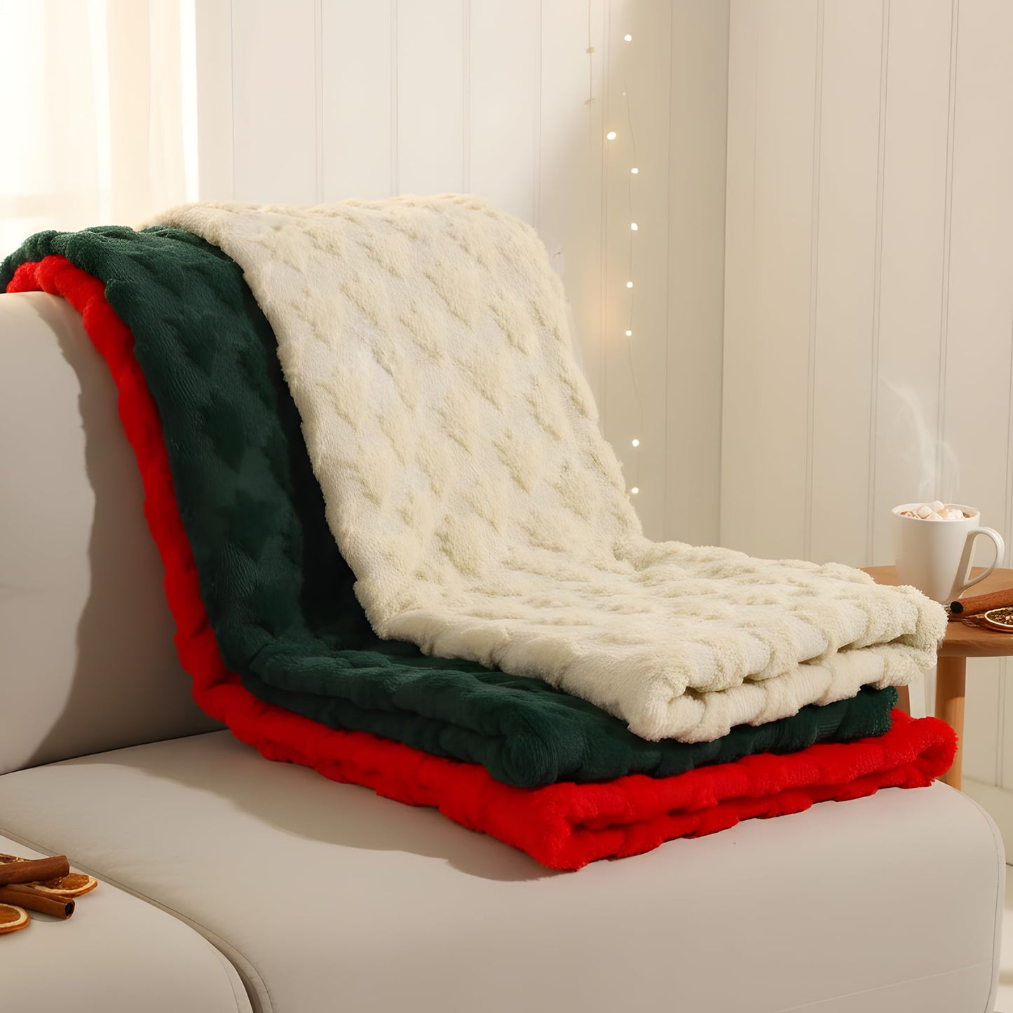 Heirloom Haven Christmas Throw Blanket 50x60 Inch,Beige 3D Xmas Tree Winter Dual Sided Soft Fluffy Plush Faux Fur Jacquard Blanket for Bed Sofa Couch Room Decor Christmas Birthdays Gifts