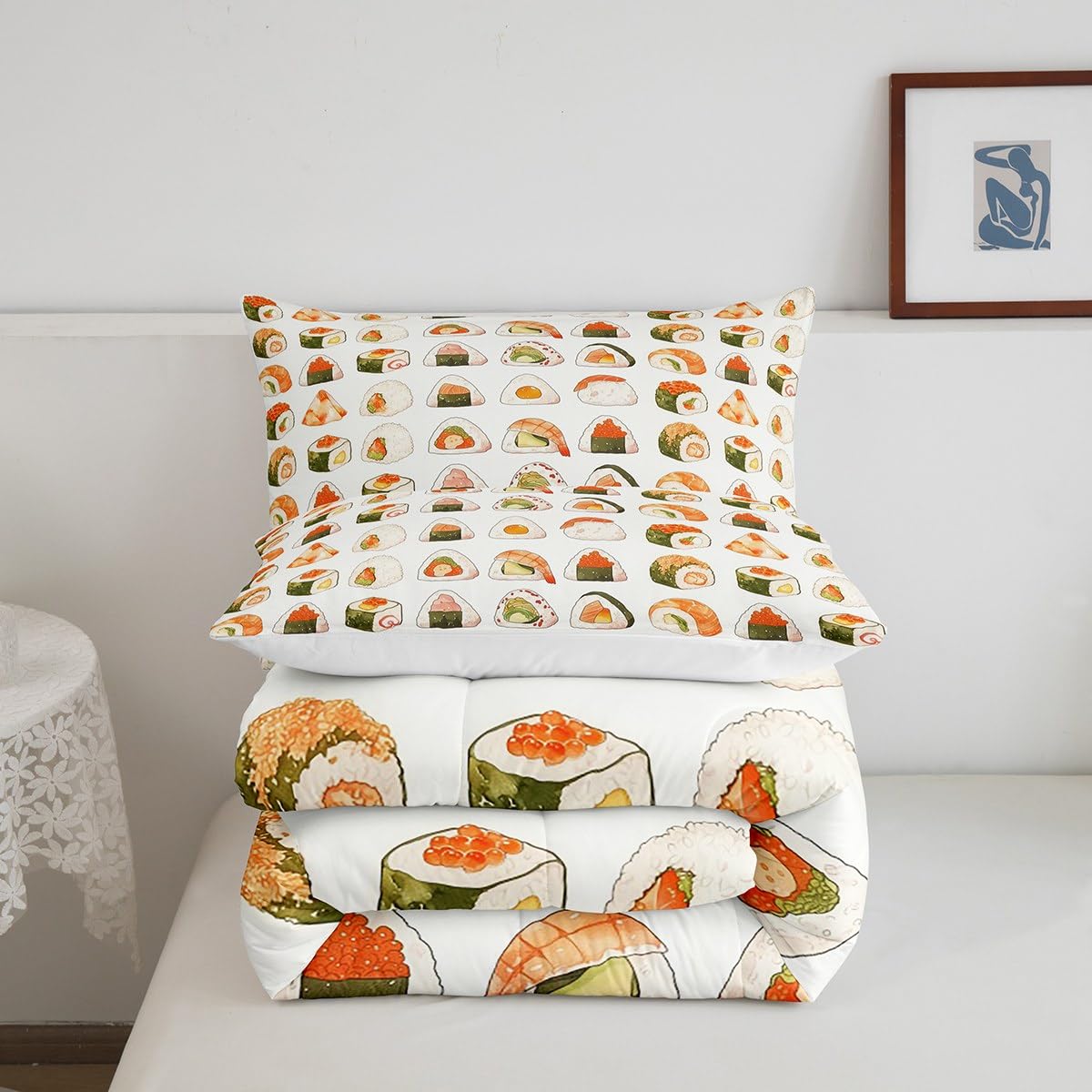 Erosebridal Cute Sushi Bedding Set Queen Size,Japanese Food Comforter Set Sushi Gifts for Kids Teens Men Women,Funny Food Quilt Bed Set Anime Style Bed Comforter Sets with 2 Pillowcases Room Decor