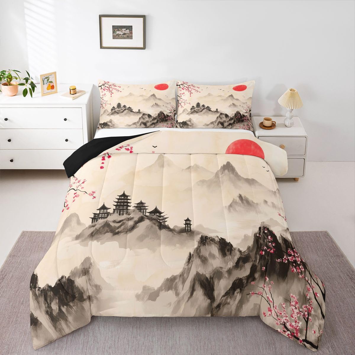 jejeloiu Chinese Ink Painting Comforter Set All Season Japanese Style Bedding Set with 2 Pillow Cases Mountain Red Sun Microfiber Kids Queen Bedclothes Cherry Blossom Bedroom Decor Duvet Quilt Soft